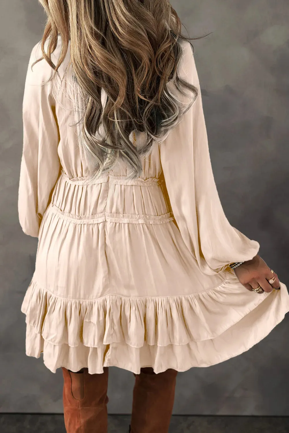 Frill Nuetral Cream Ruffled V-Neck Long Sleeve Mini Peasant Dress