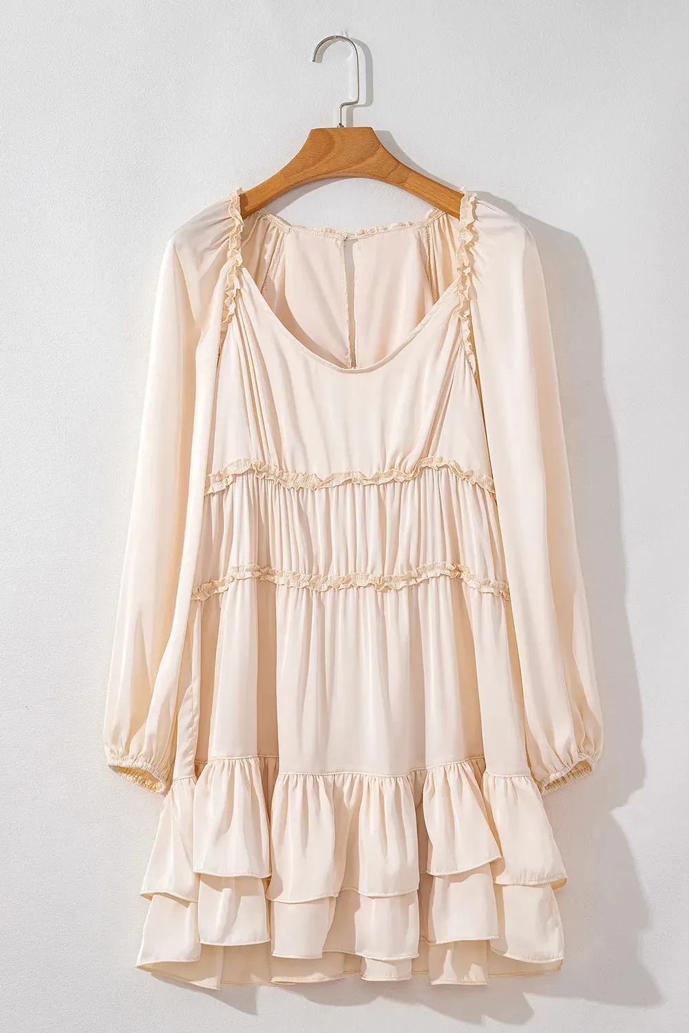 Frill Nuetral Cream Ruffled V-Neck Long Sleeve Mini Peasant Dress