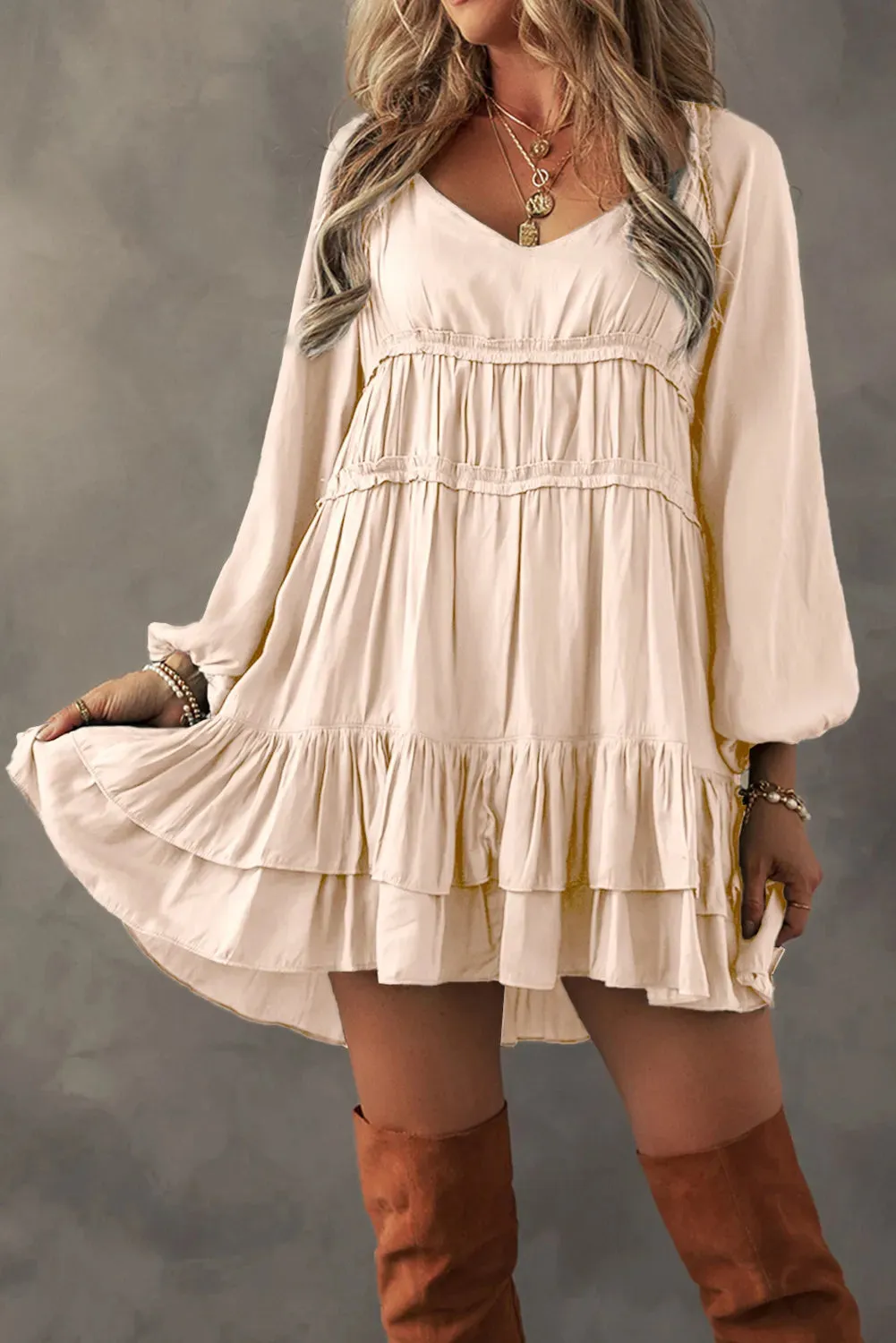 Frill Nuetral Cream Ruffled V-Neck Long Sleeve Mini Peasant Dress