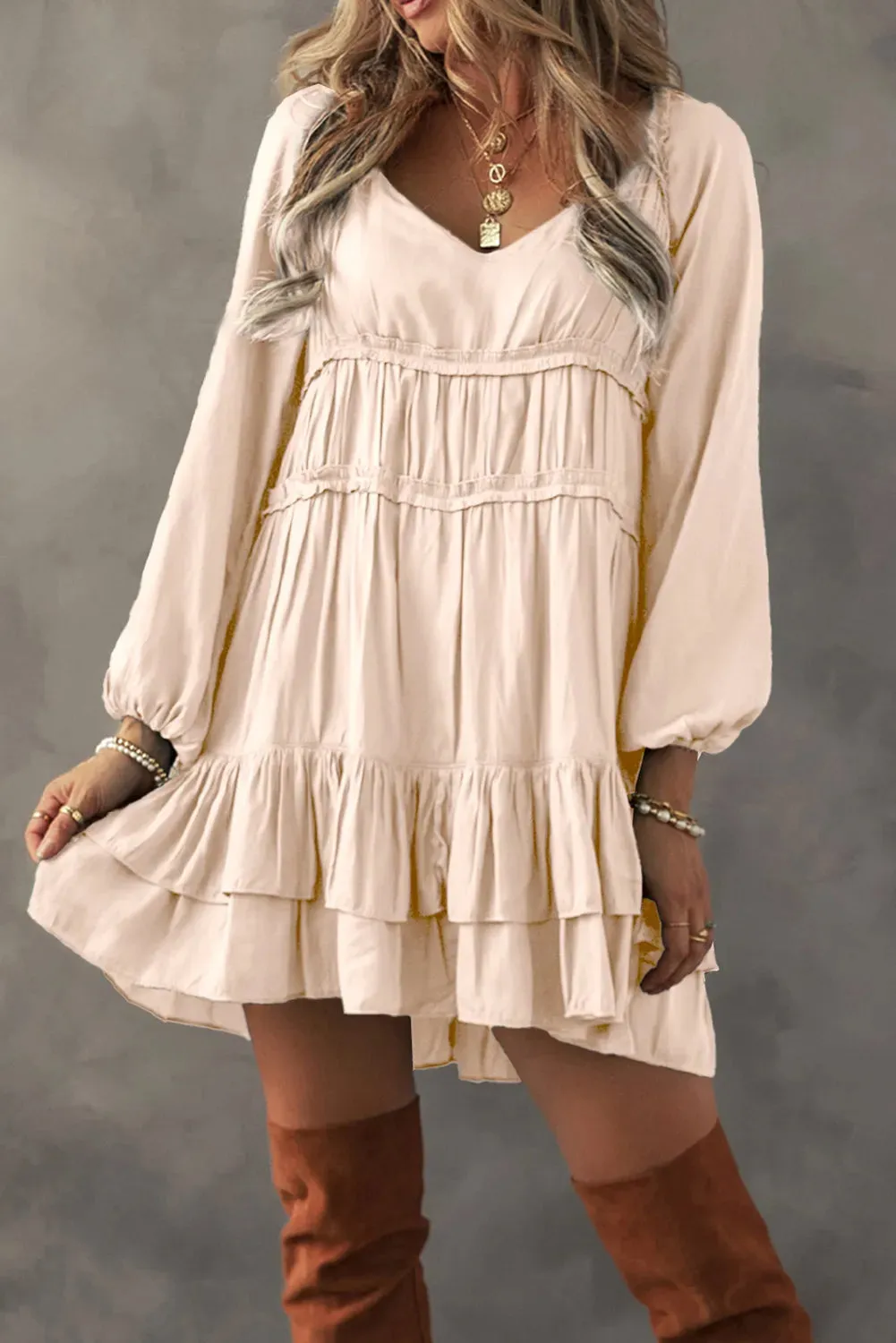 Frill Nuetral Cream Ruffled V-Neck Long Sleeve Mini Peasant Dress