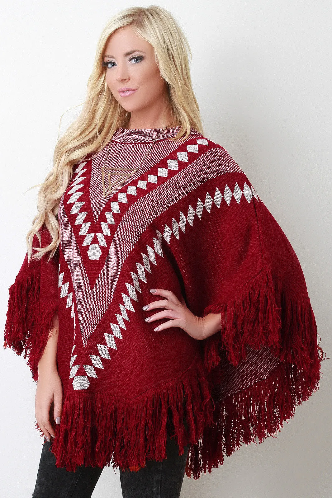 Fringe Hem Patterned Crew Neck Poncho