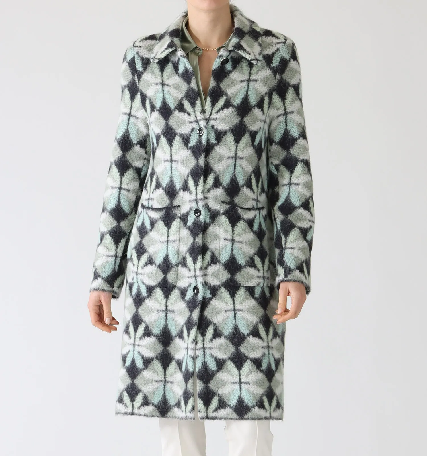 Frozen Sage Heartfoil Patterned Wool Blend Coat