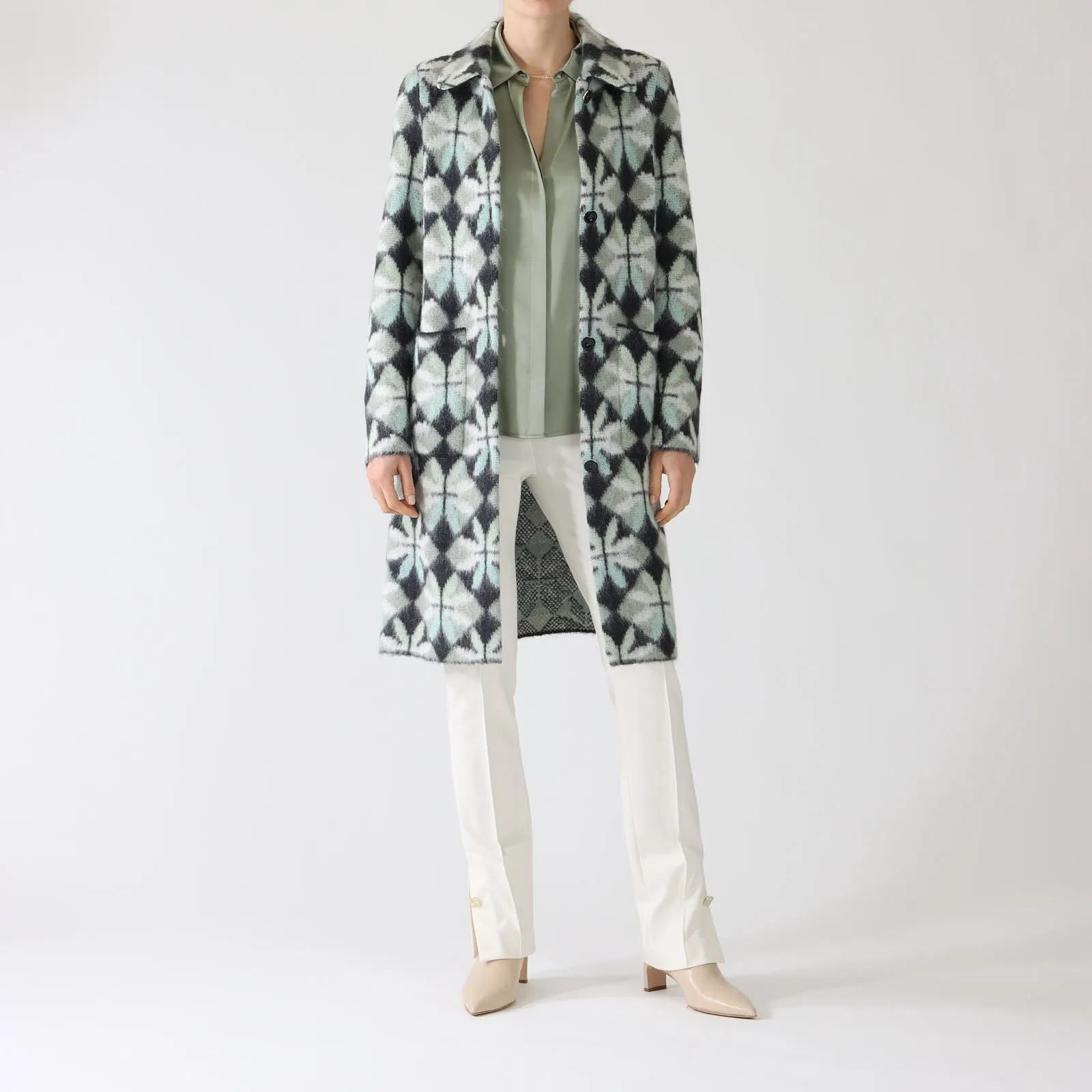 Frozen Sage Heartfoil Patterned Wool Blend Coat