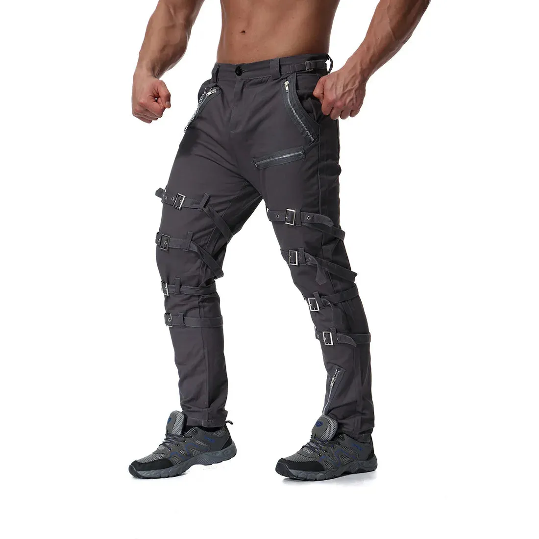 Funki Buys | Pants | Men's Gothic Punk Buckle Strap Zip Pants