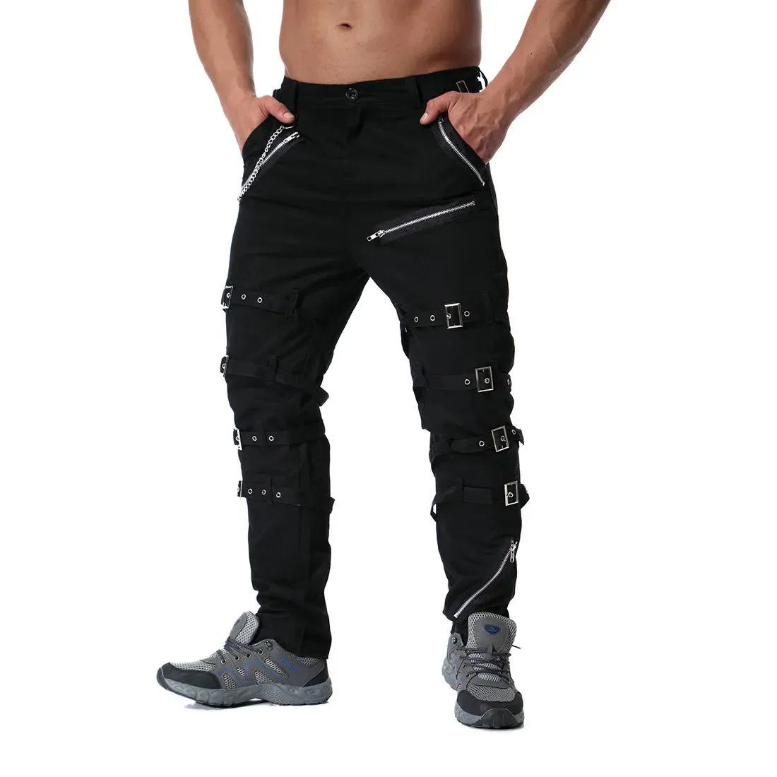 Funki Buys | Pants | Men's Gothic Punk Buckle Strap Zip Pants