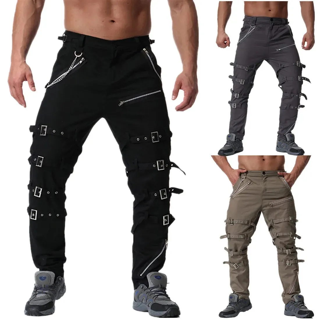 Funki Buys | Pants | Men's Gothic Punk Buckle Strap Zip Pants