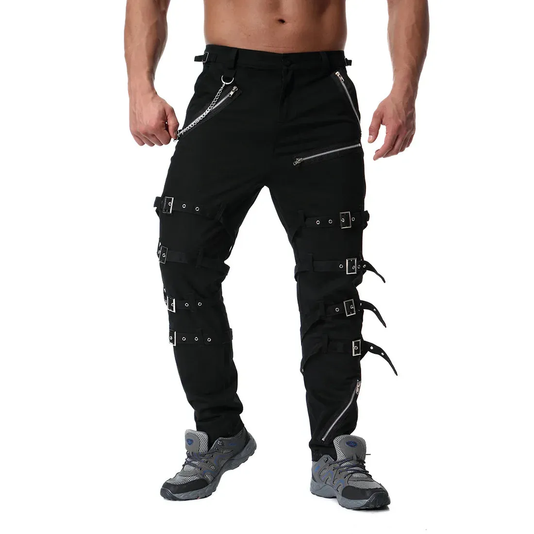 Funki Buys | Pants | Men's Gothic Punk Buckle Strap Zip Pants