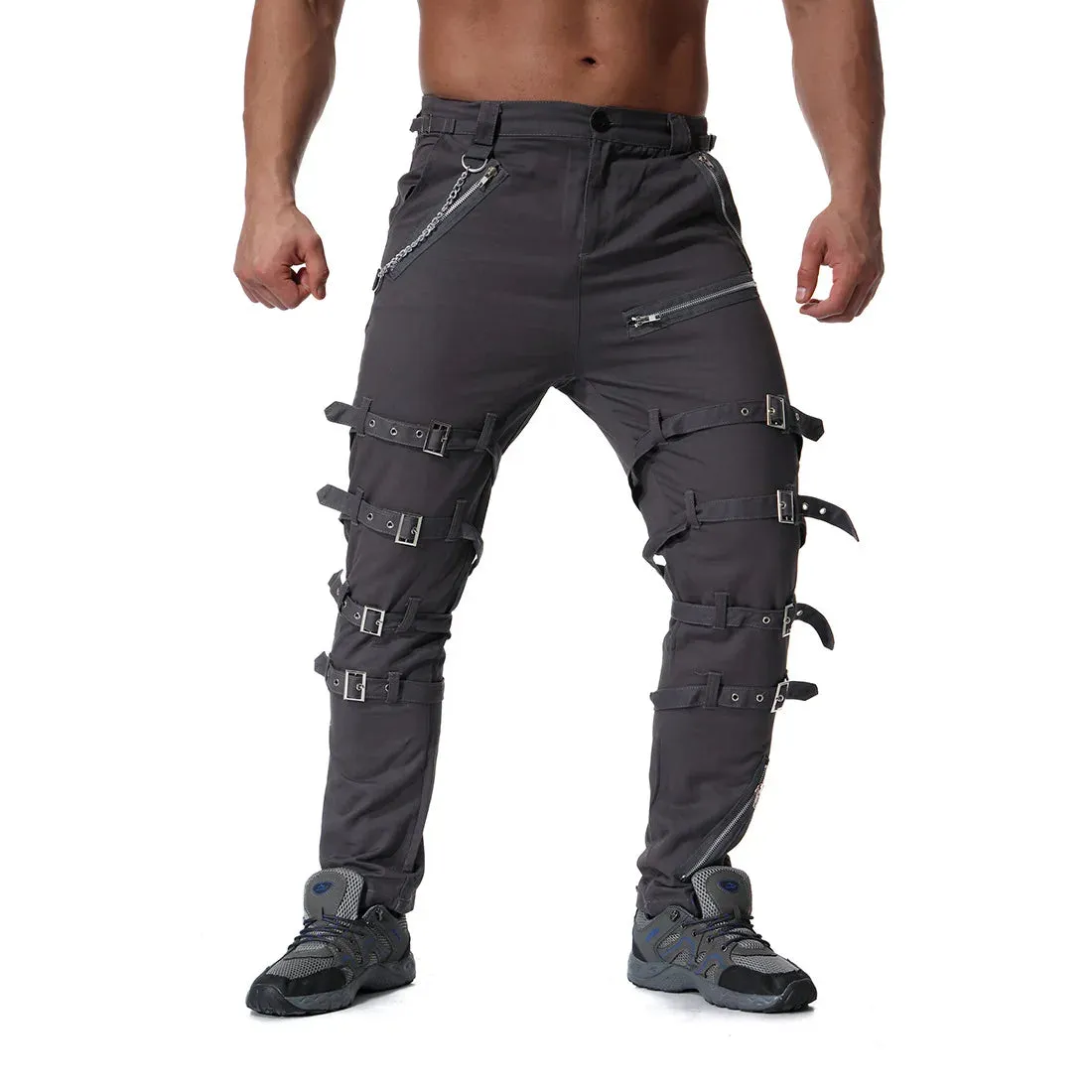 Funki Buys | Pants | Men's Gothic Punk Buckle Strap Zip Pants