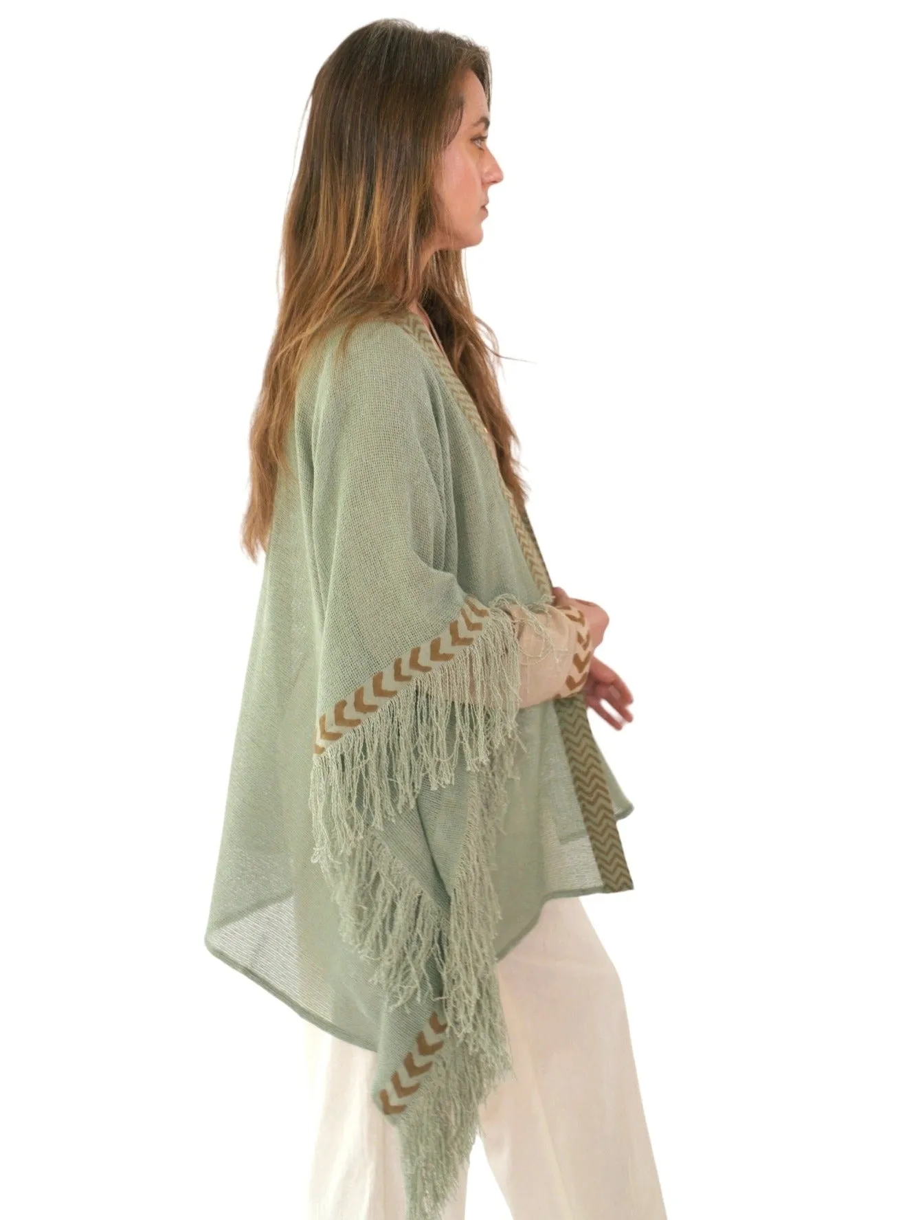 Green Sage Mesh Open Poncho with Fringe