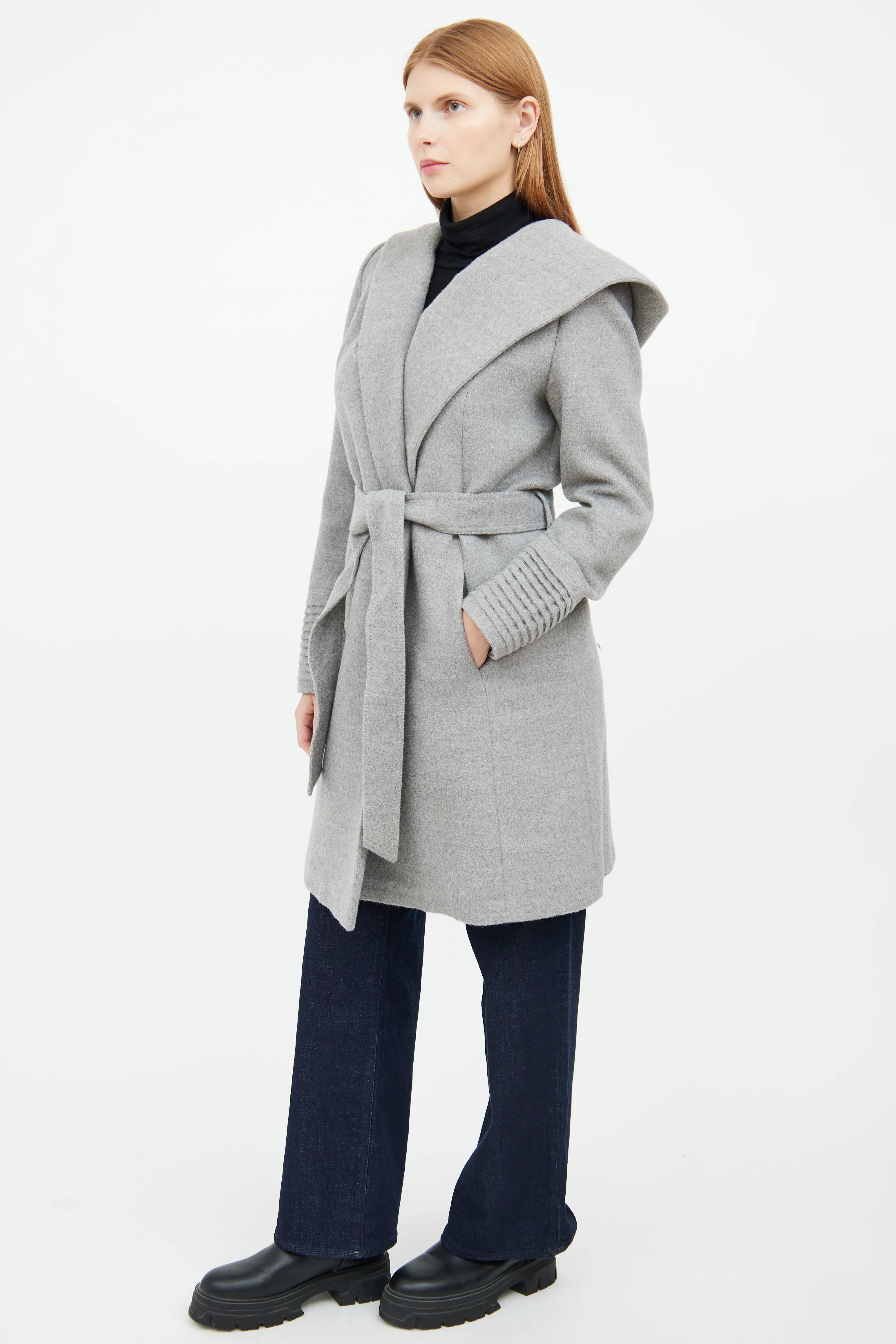 Grey Wool Blend Wrap Coat