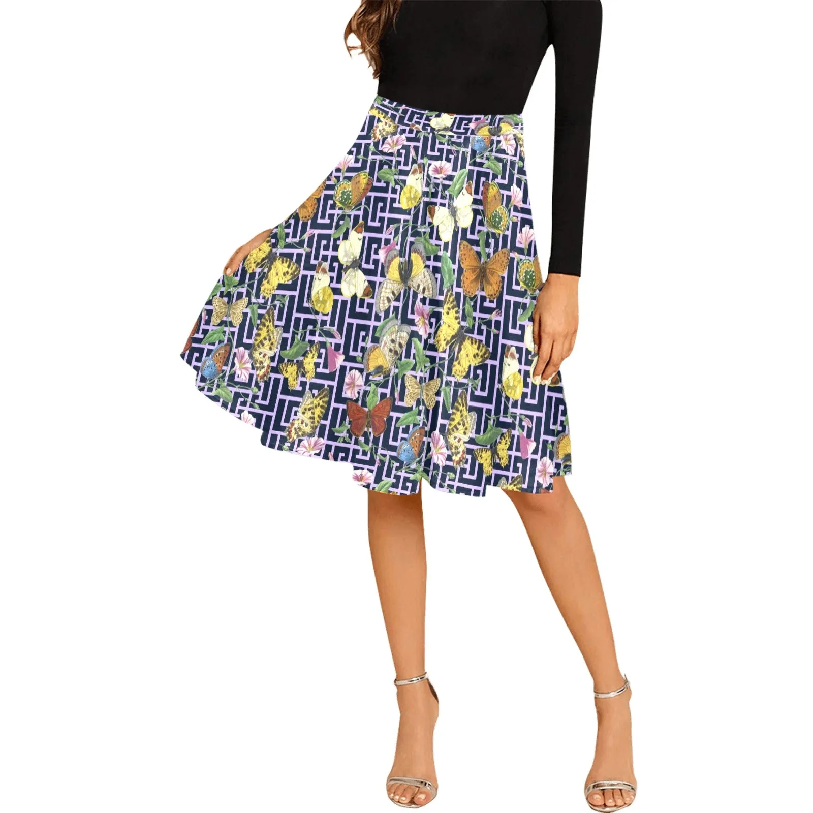 grk butterfly print 2 Melete Pleated Midi Skirt (Model D15)