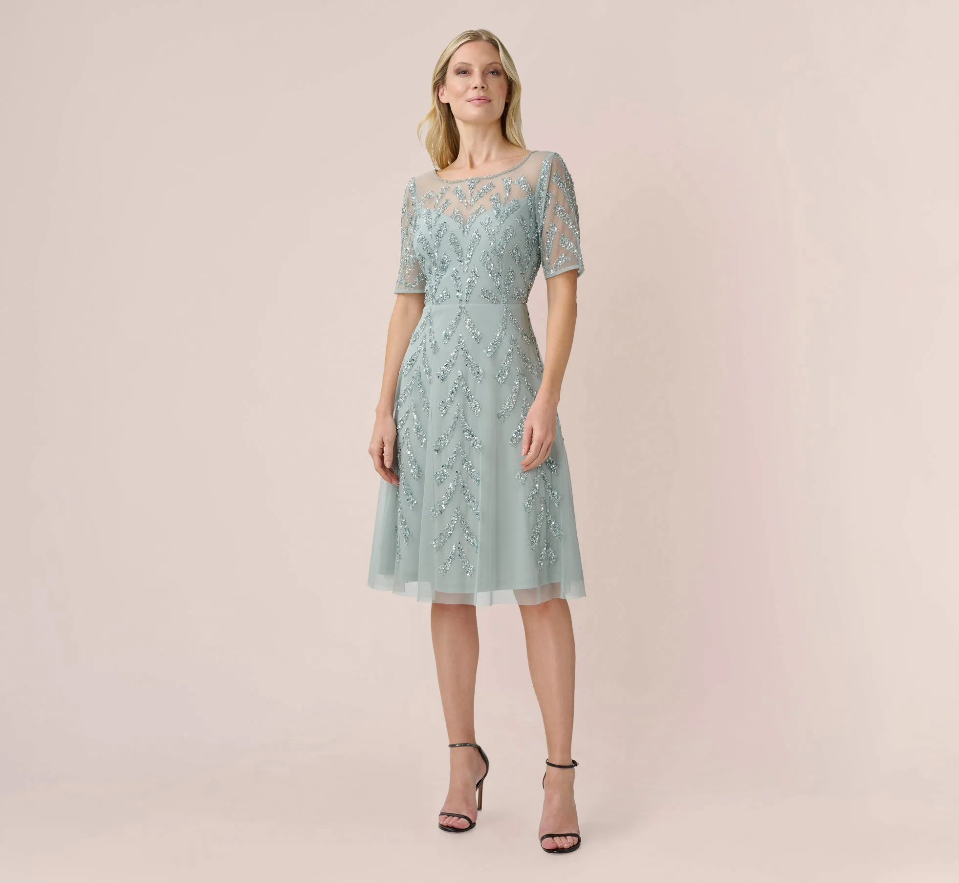 Hand-Beaded Illusion Midi-Length Fit-And-Flare Cocktail Dress In Frosted Sage