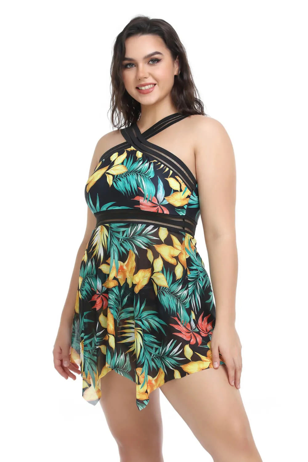 Handkerchief-Hem Swim Dress and Bottoms Set Voluptuous ( ) Plus Size - 3 styles