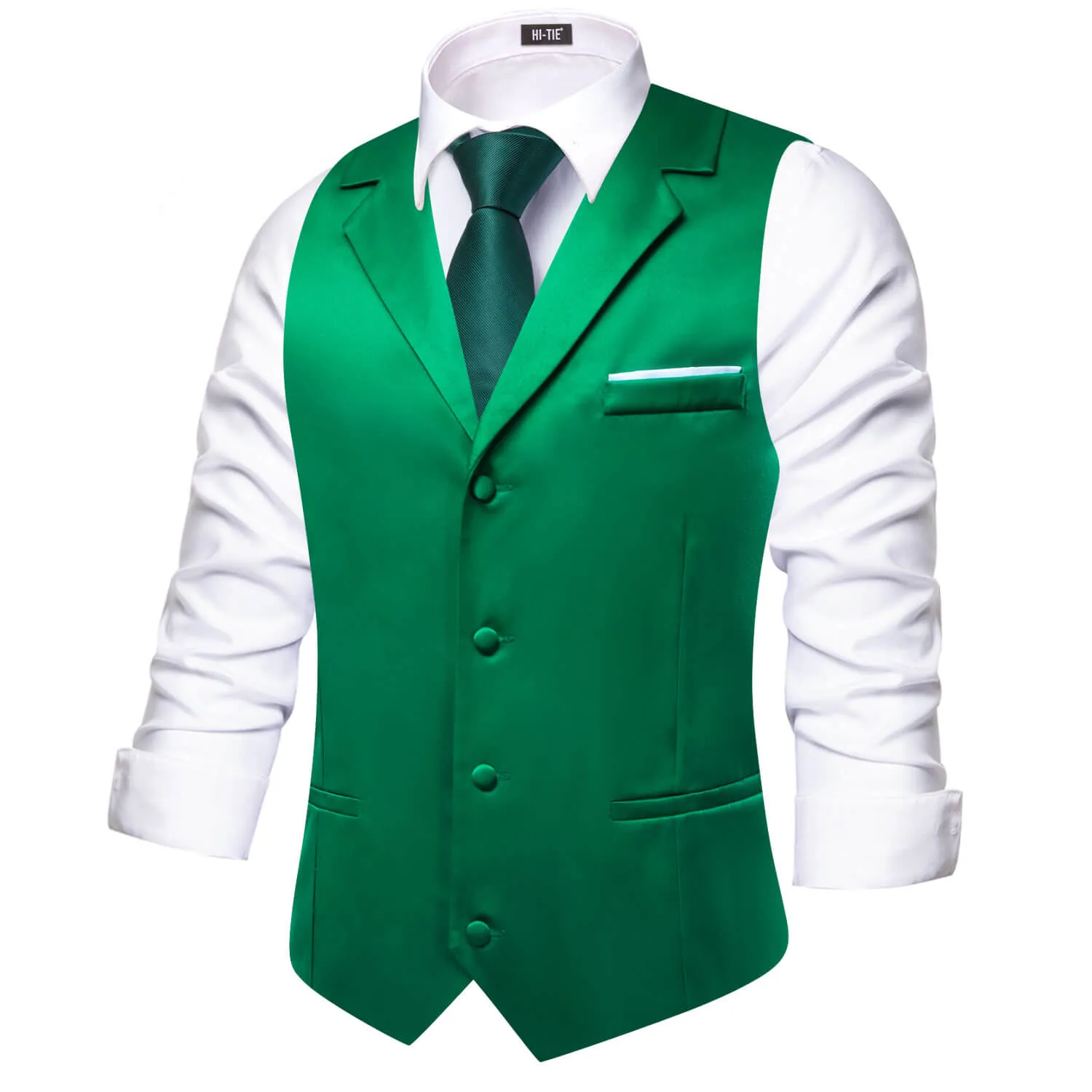 Hi-Tie Emerald Green Waistcoat Solid Notch lapels Men's Vest