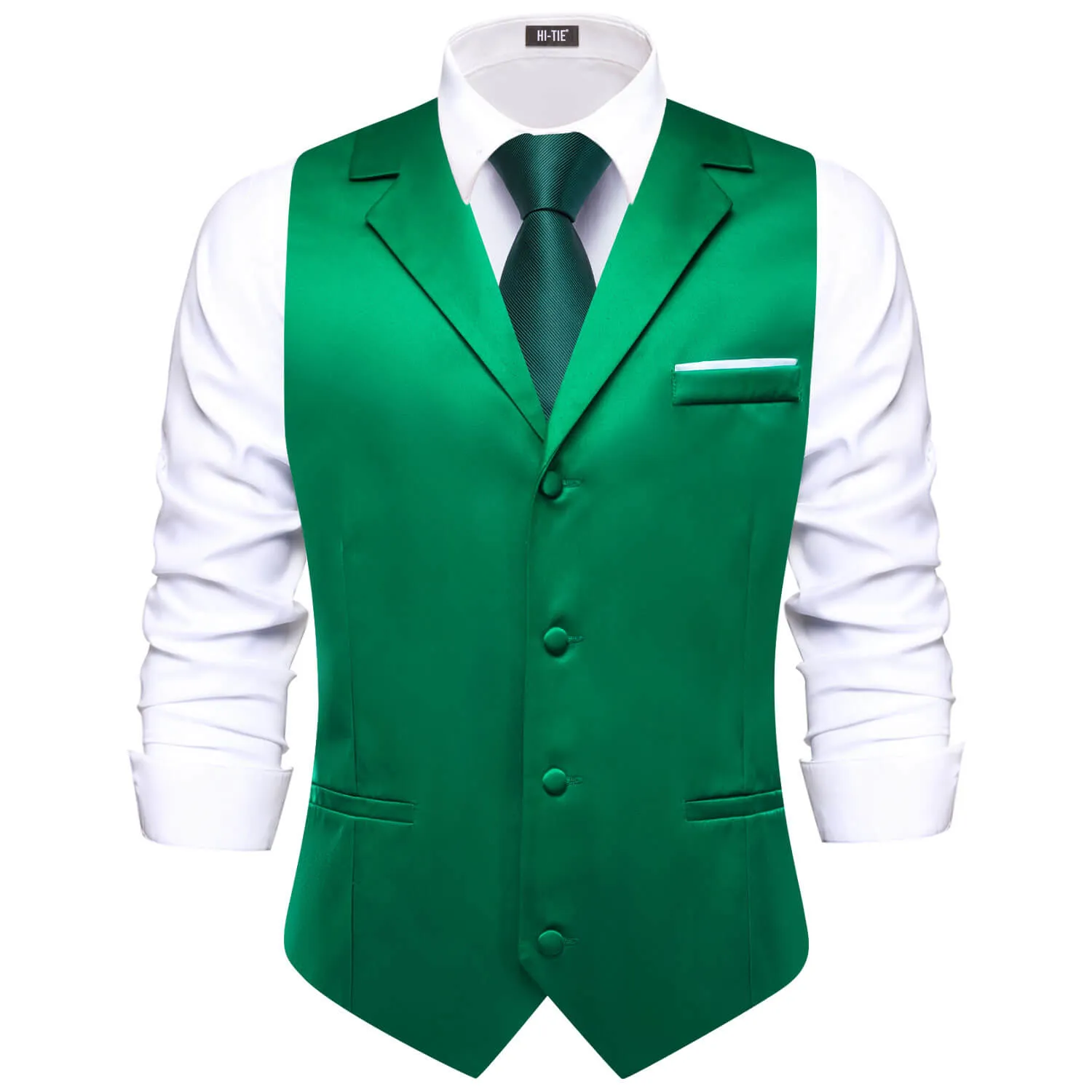 Hi-Tie Emerald Green Waistcoat Solid Notch lapels Men's Vest