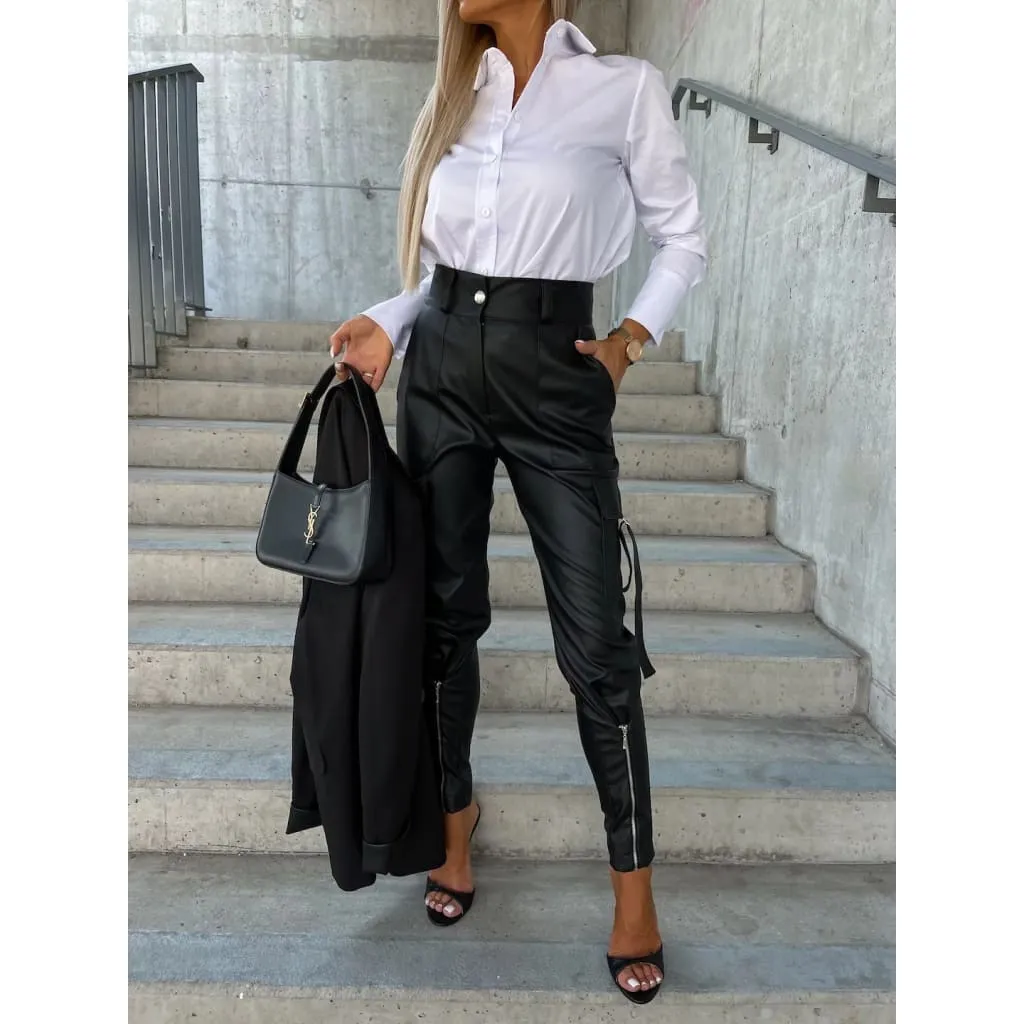 High Waist Side Flap Pocket Front Zip Hem PU Leather Pants