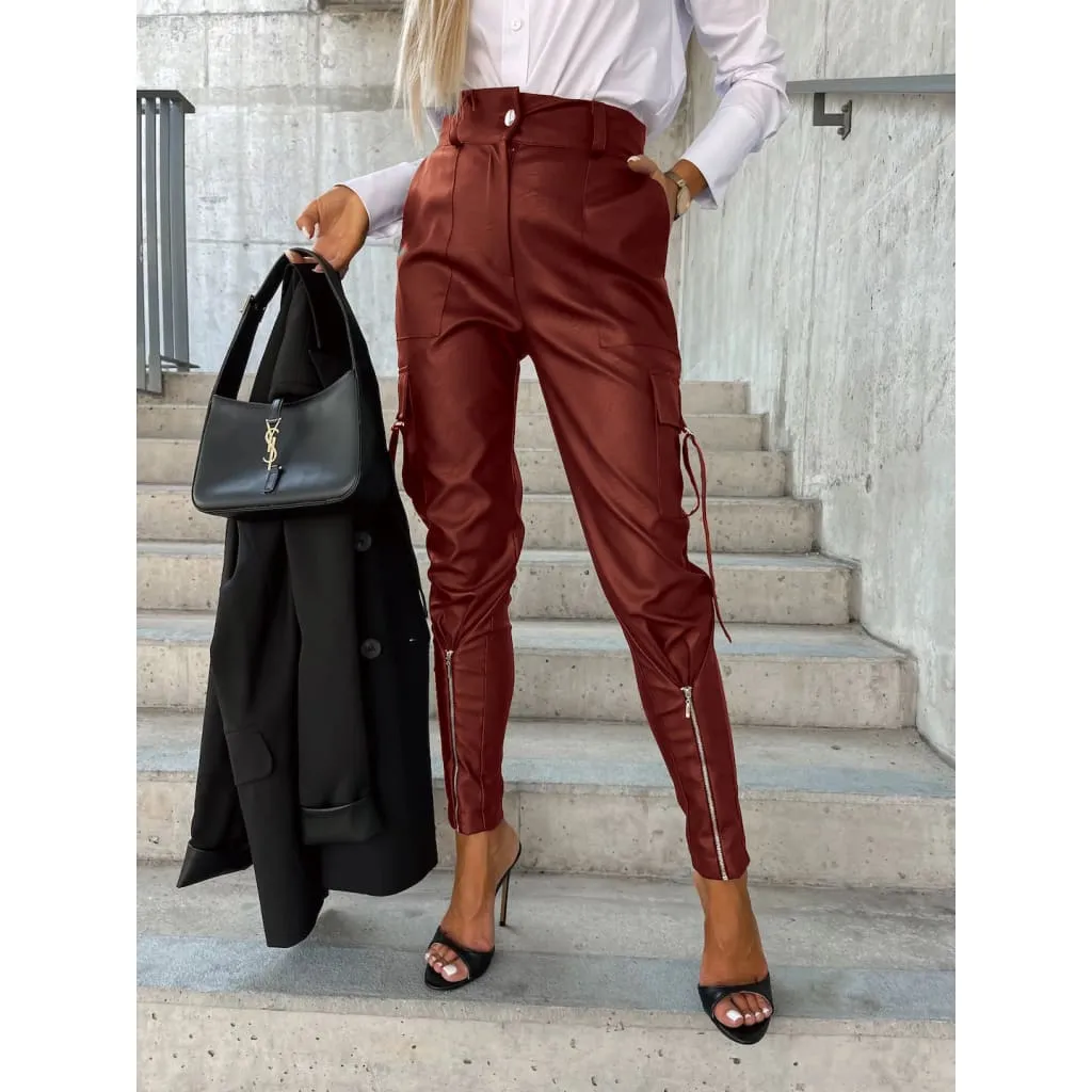 High Waist Side Flap Pocket Front Zip Hem PU Leather Pants