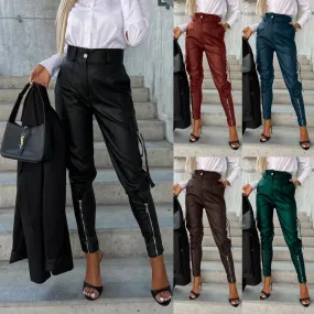 High Waist Side Flap Pocket Front Zip Hem PU Leather Pants