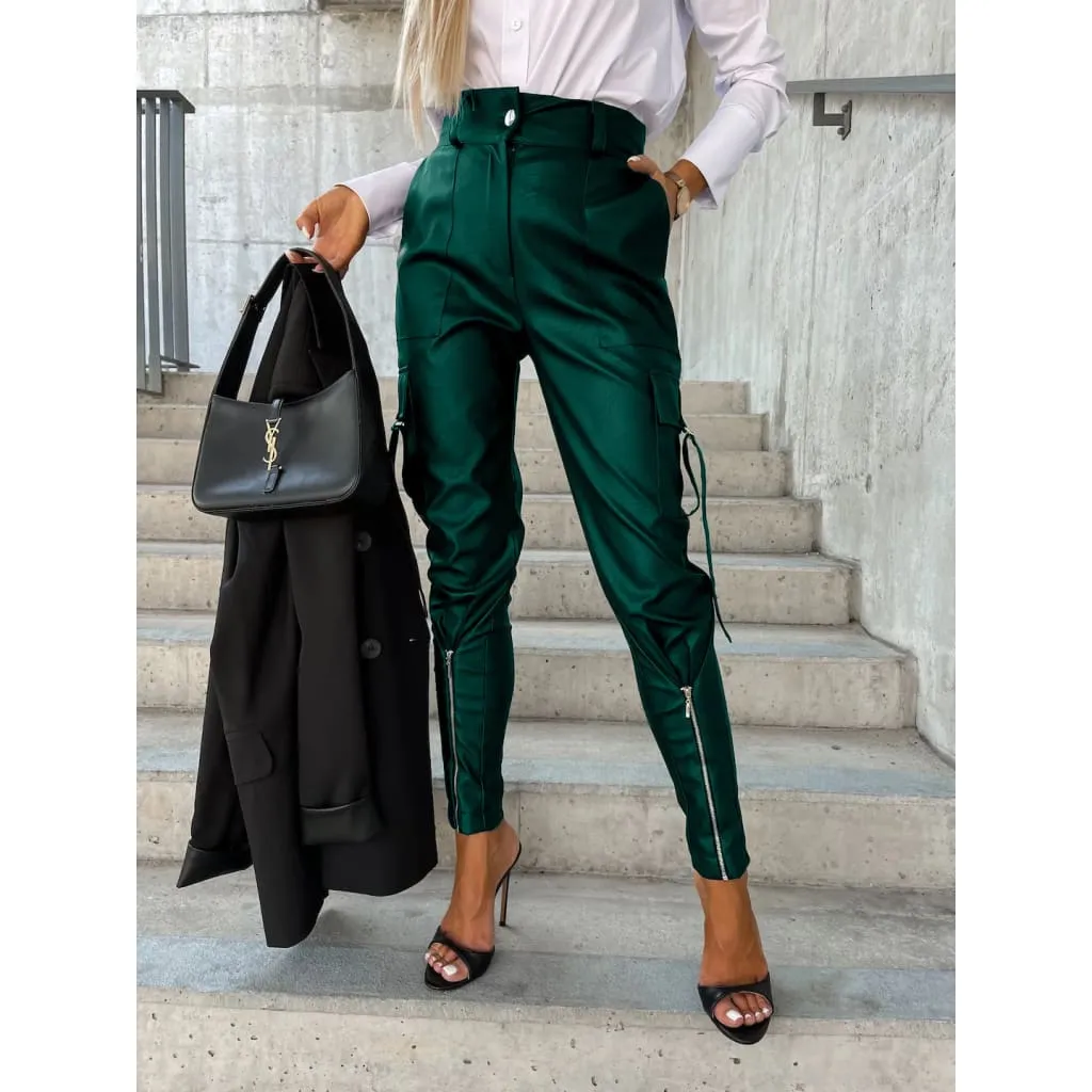 High Waist Side Flap Pocket Front Zip Hem PU Leather Pants