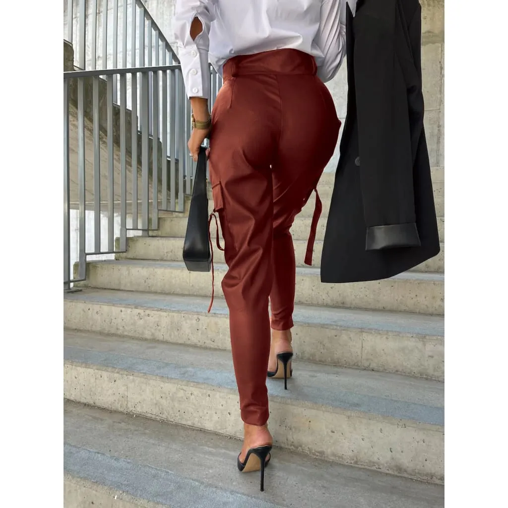 High Waist Side Flap Pocket Front Zip Hem PU Leather Pants