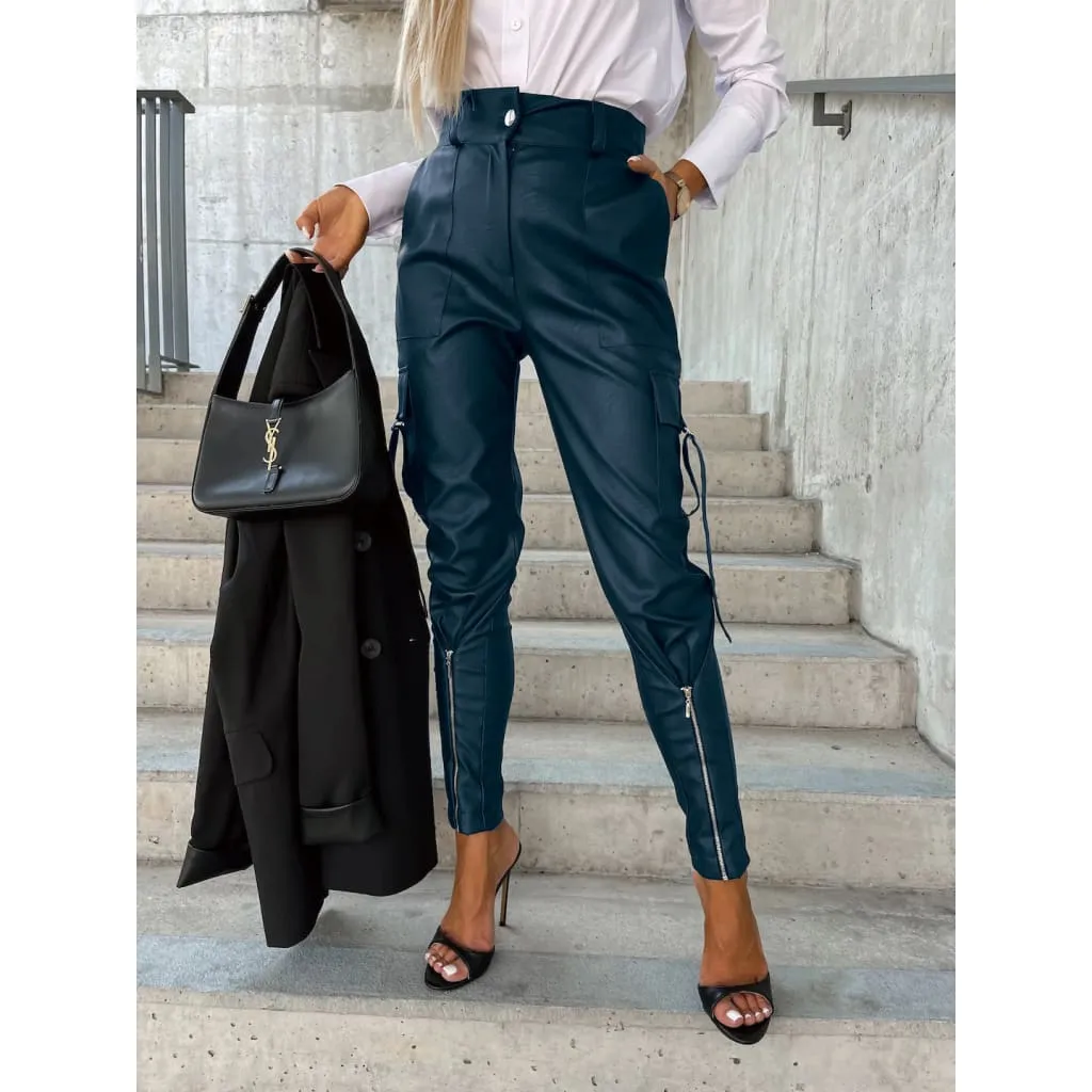 High Waist Side Flap Pocket Front Zip Hem PU Leather Pants