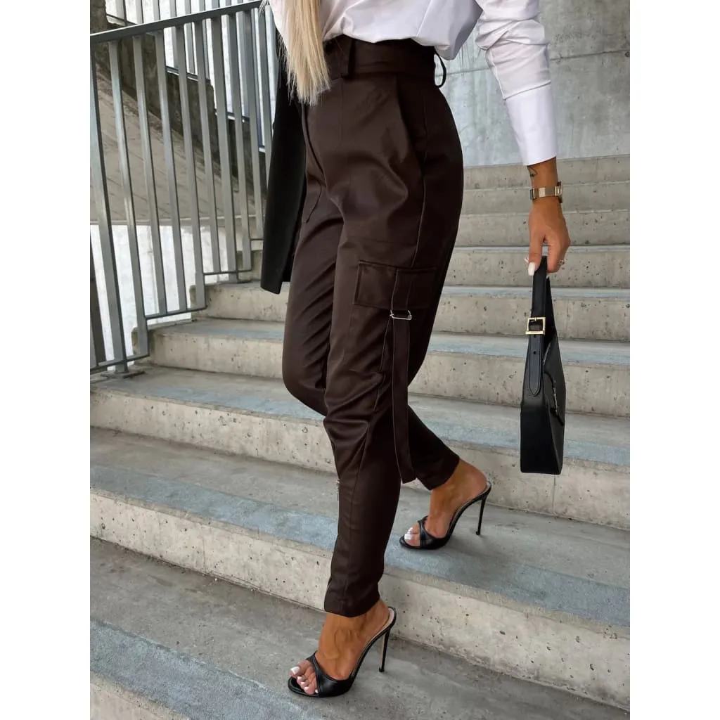 High Waist Side Flap Pocket Front Zip Hem PU Leather Pants