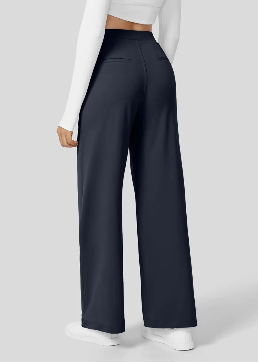 High Waisted Plicated Side Pocket Straight Leg Work Pants