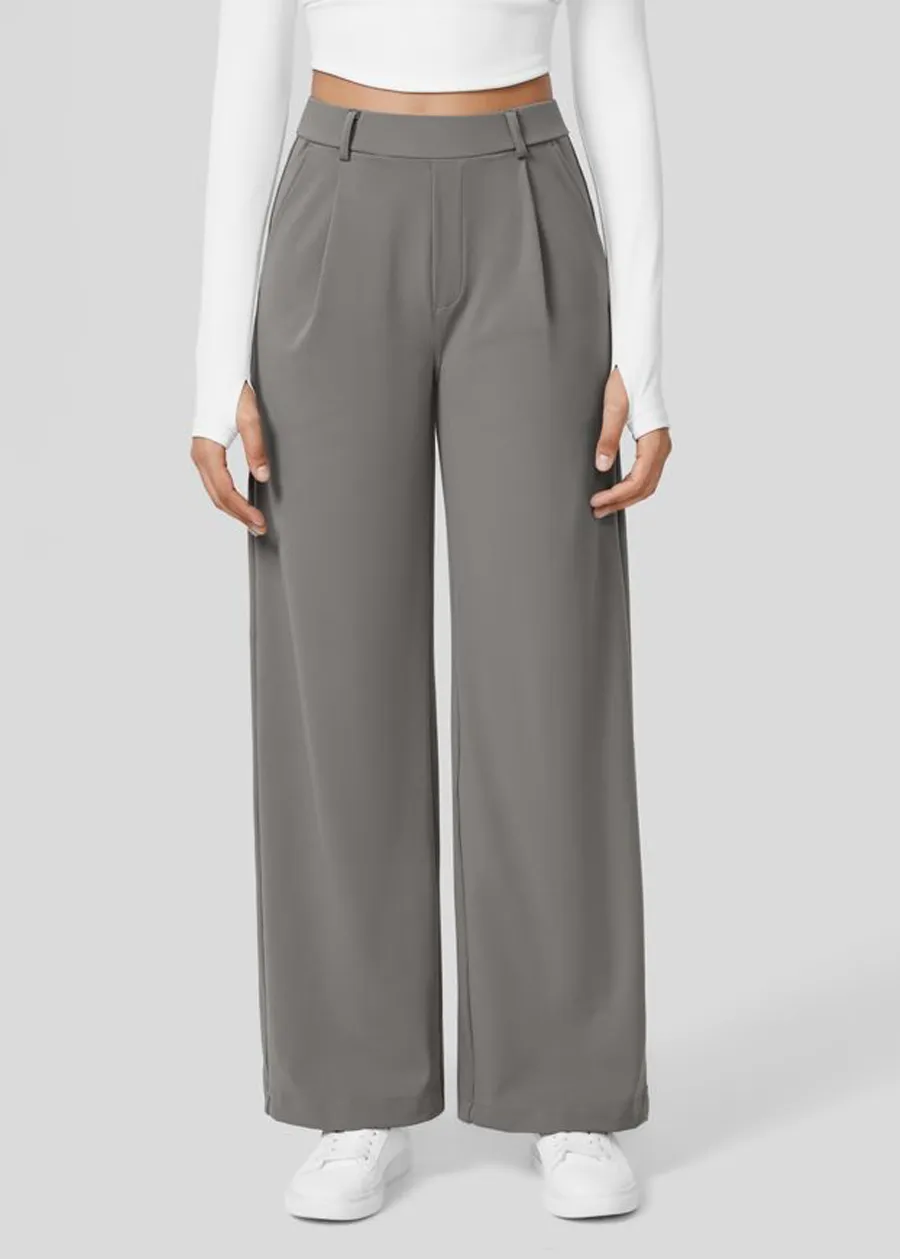 High Waisted Plicated Side Pocket Straight Leg Work Pants