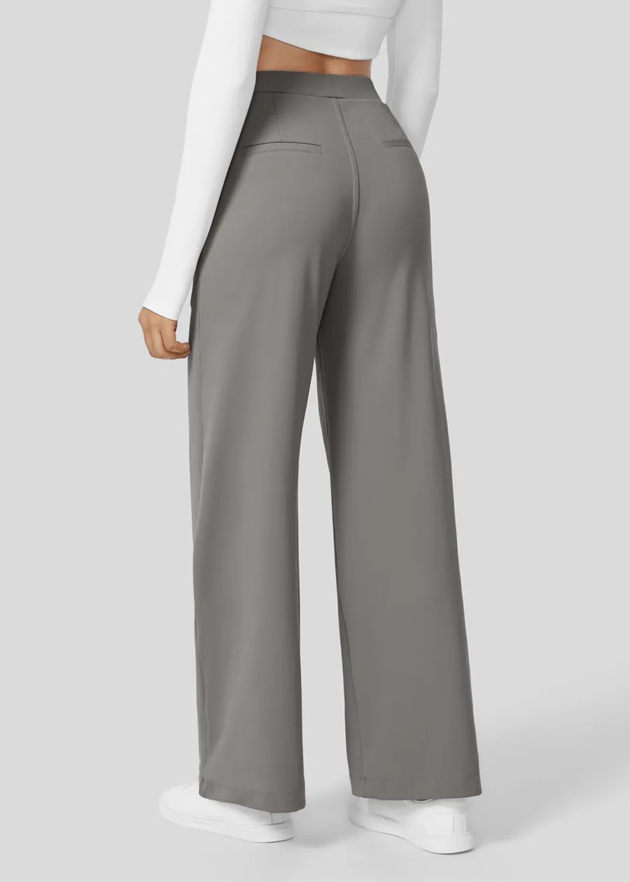 High Waisted Plicated Side Pocket Straight Leg Work Pants