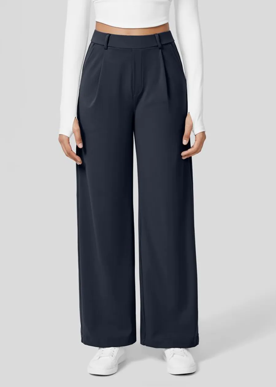 High Waisted Plicated Side Pocket Straight Leg Work Pants