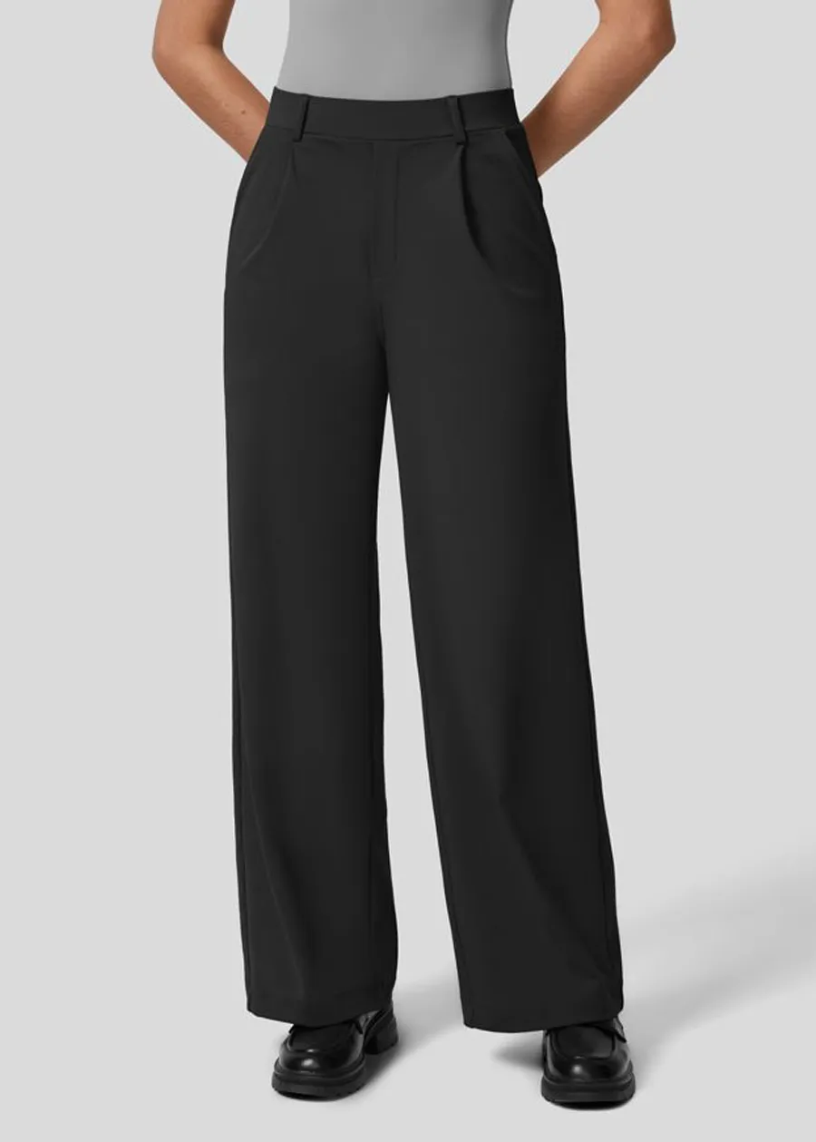 High Waisted Plicated Side Pocket Straight Leg Work Pants