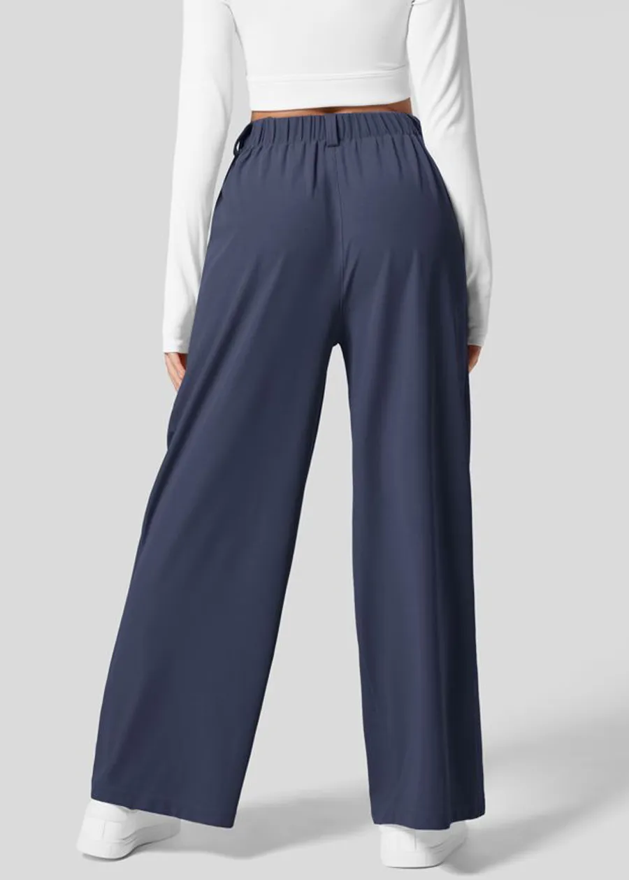 High Waisted Plicated Side Pocket Wide Leg Waffle Work Pants