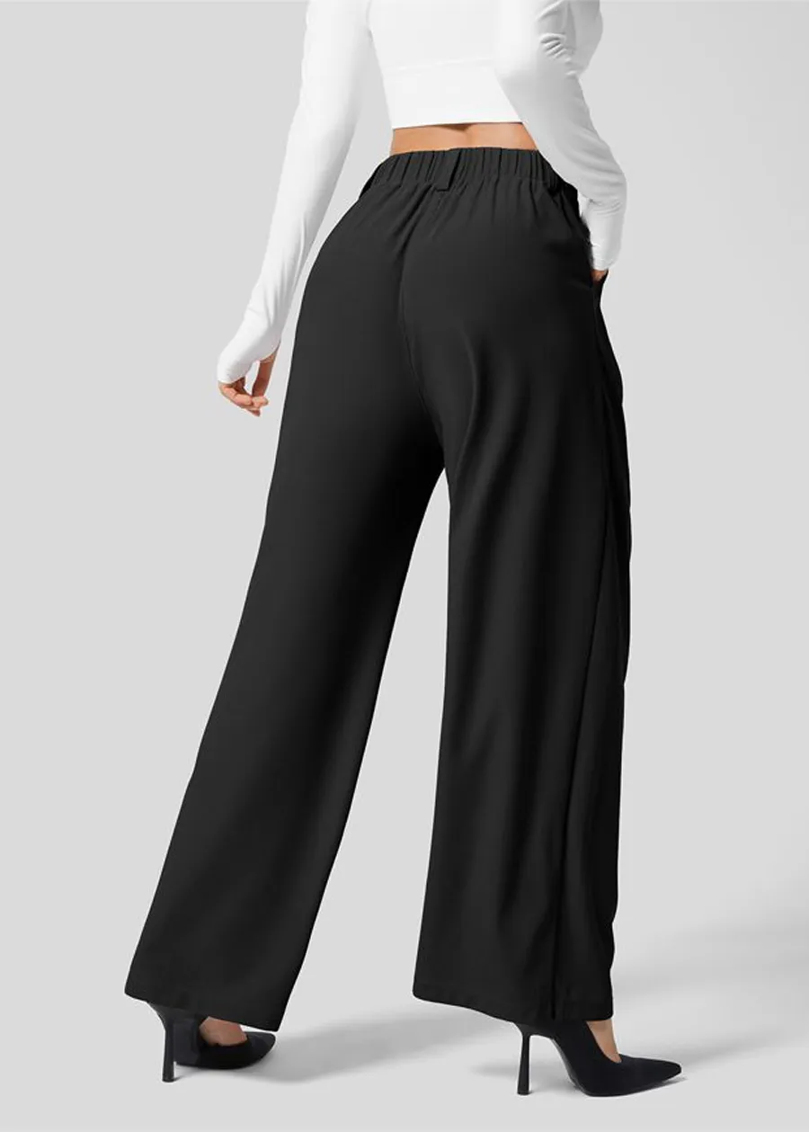 High Waisted Plicated Side Pocket Wide Leg Waffle Work Pants