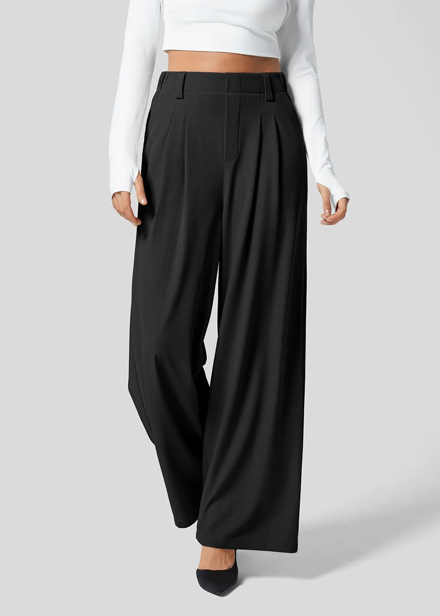 High Waisted Plicated Side Pocket Wide Leg Waffle Work Pants