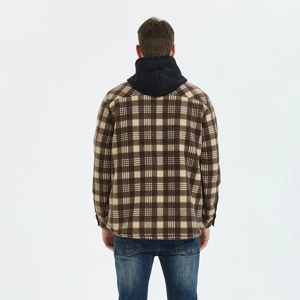 Hooded Plaid Flannel Shirt Jacket Sherpa Lined Jacket For Men