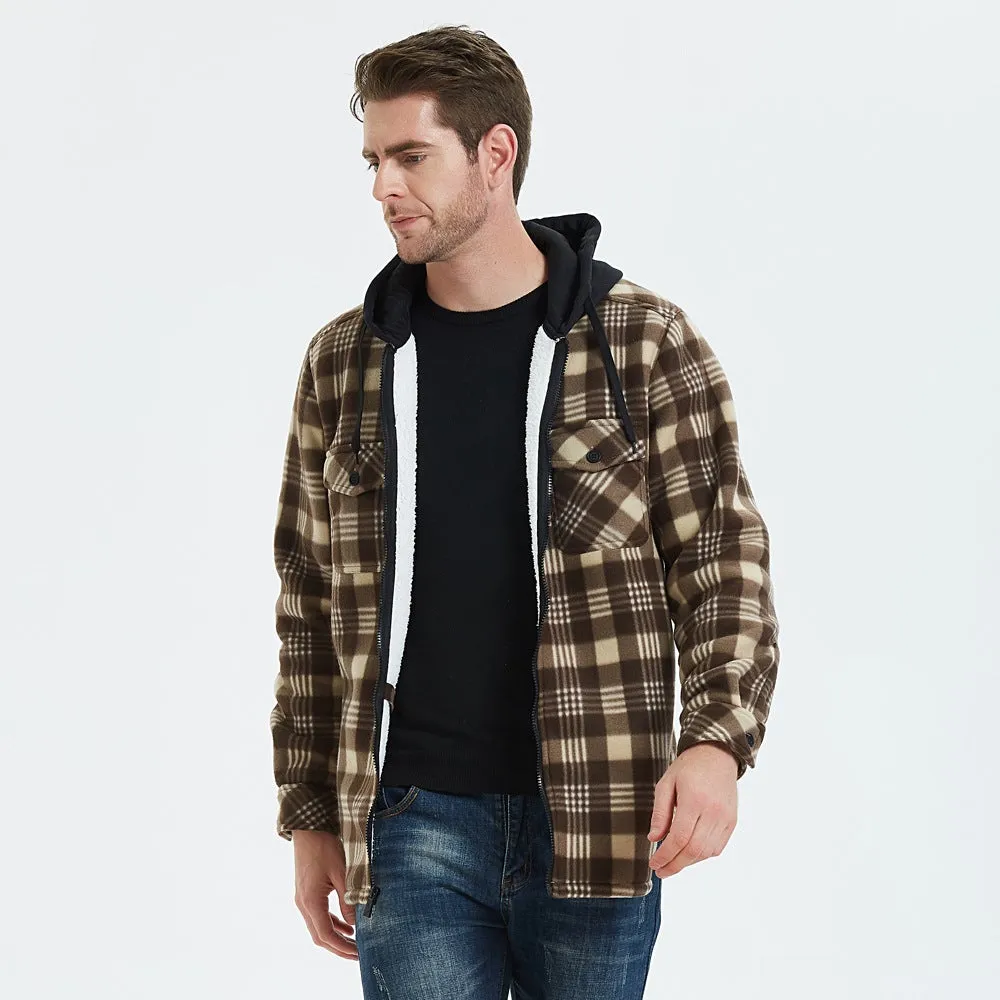 Hooded Plaid Flannel Shirt Jacket Sherpa Lined Jacket For Men