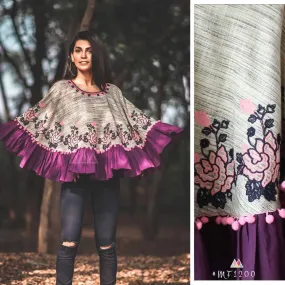 Indiva Cotton Khadi Beige & Purple Poncho