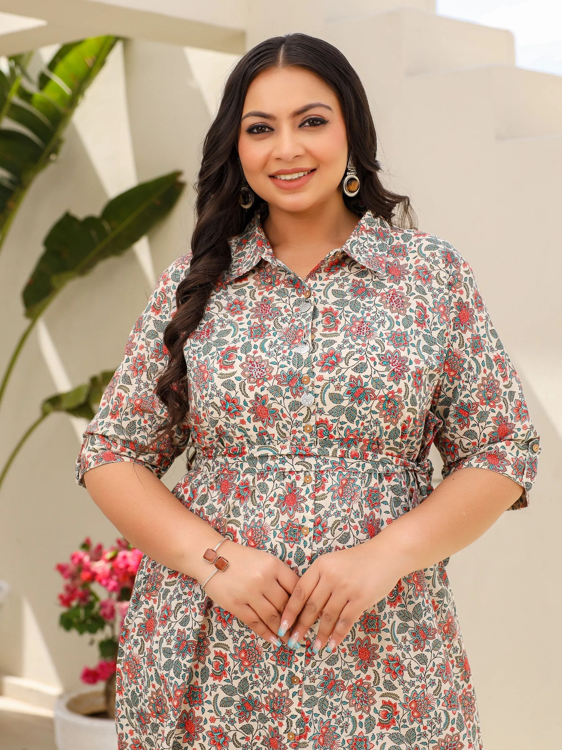 Jashvi Ivory Floral Printed A-Line Cotton Cambric Plus Size Dress With Beads & Sequins