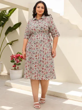 Jashvi Ivory Floral Printed A-Line Cotton Cambric Plus Size Dress With Beads & Sequins