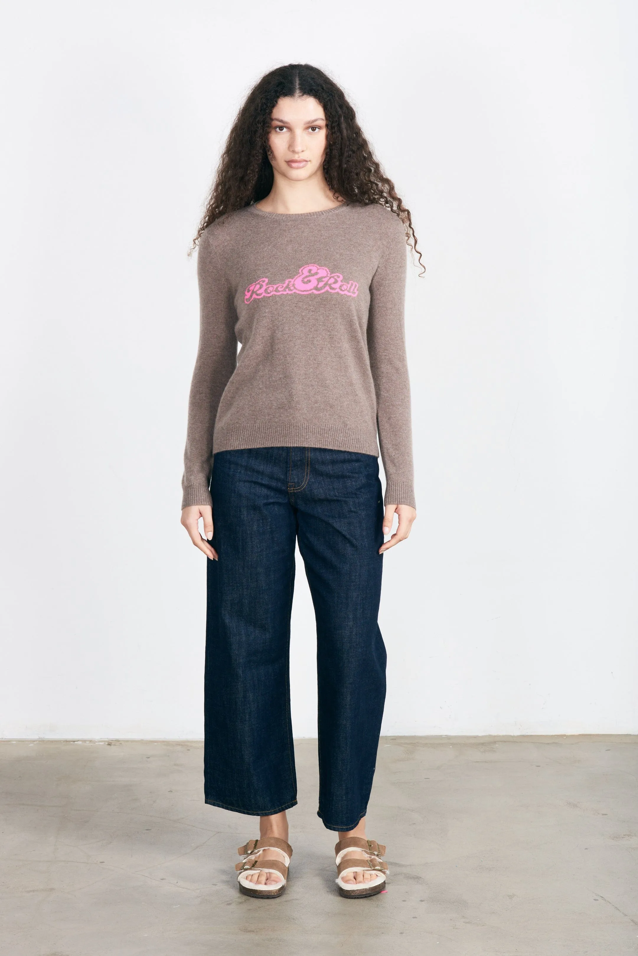 Jumper 1234 Cashmere Rock and Roll Crew in Tan/Barbie Pink