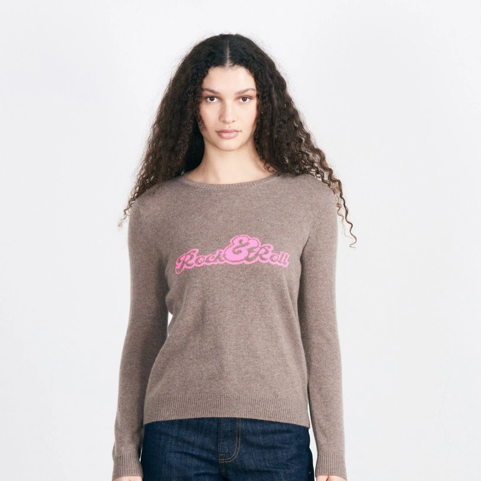 Jumper 1234 Cashmere Rock and Roll Crew in Tan/Barbie Pink