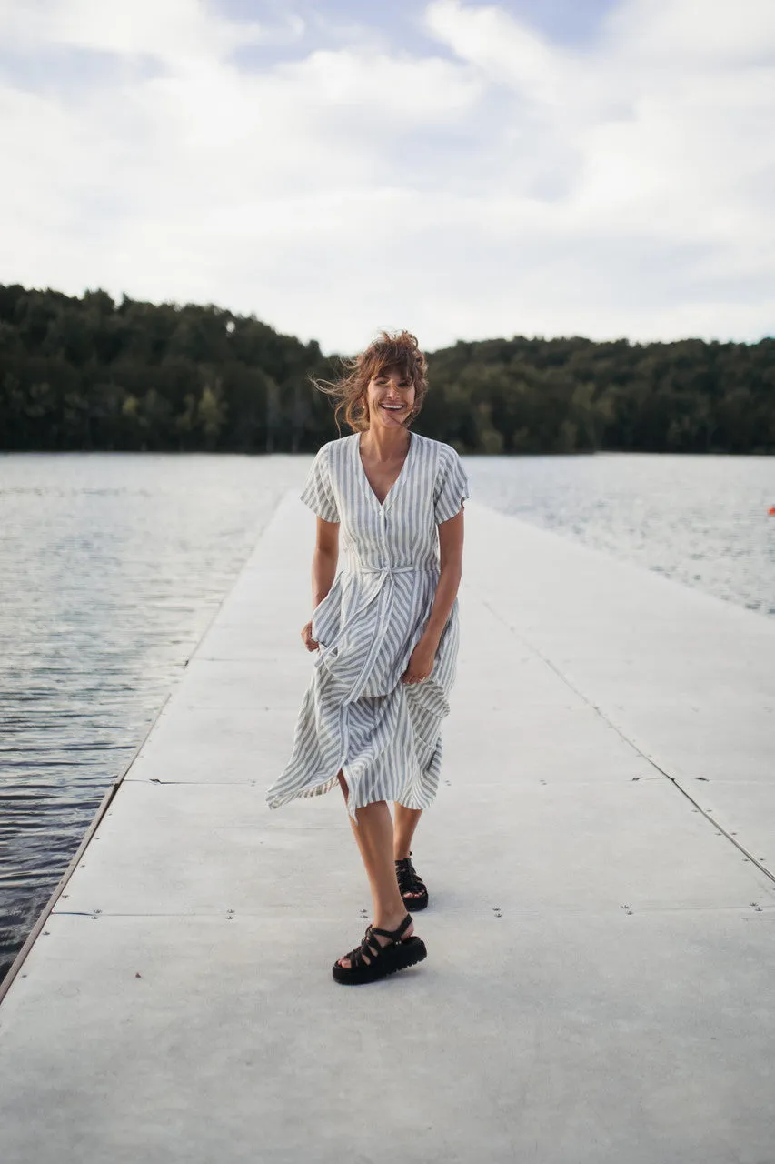 June Dress in Green and White Stripe Linen - S