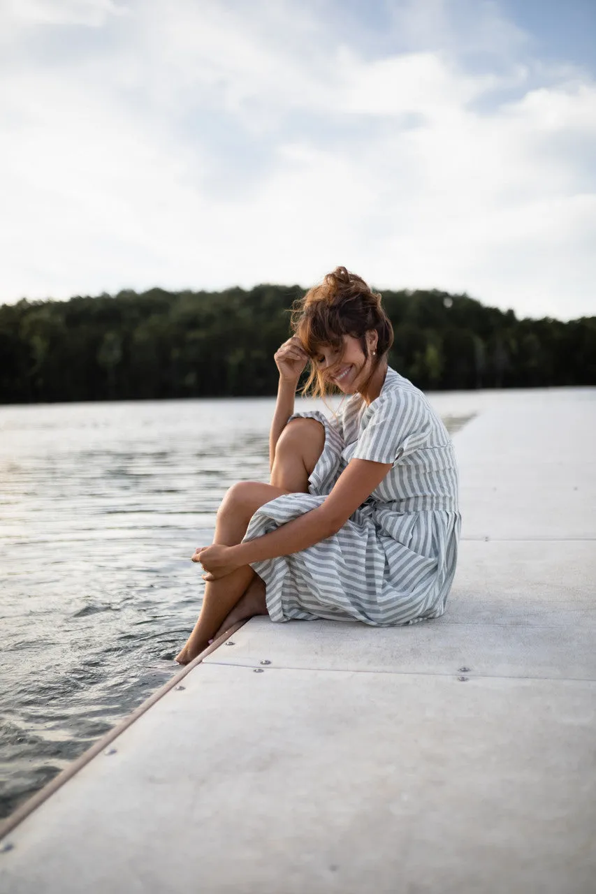 June Dress in Green and White Stripe Linen - S