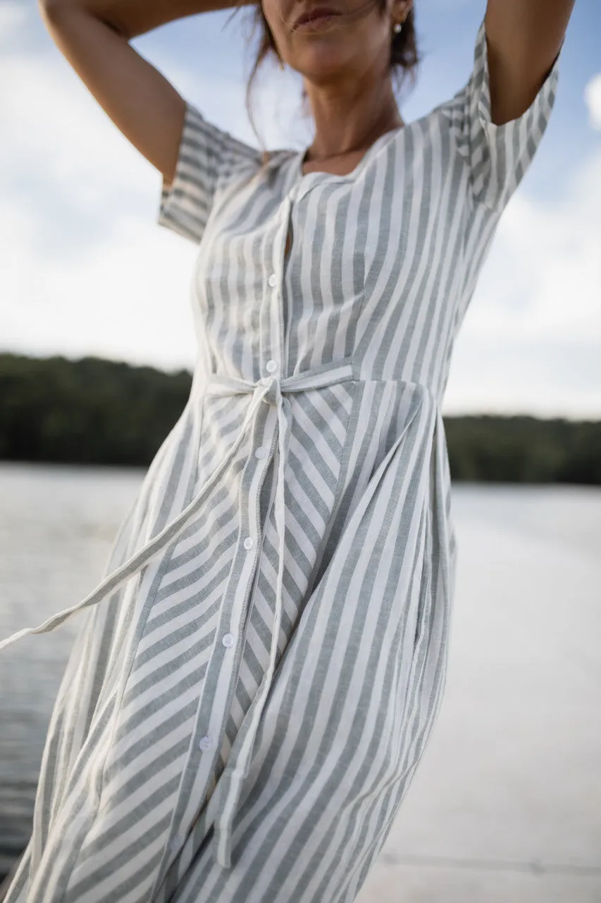 June Dress in Green and White Stripe Linen - S