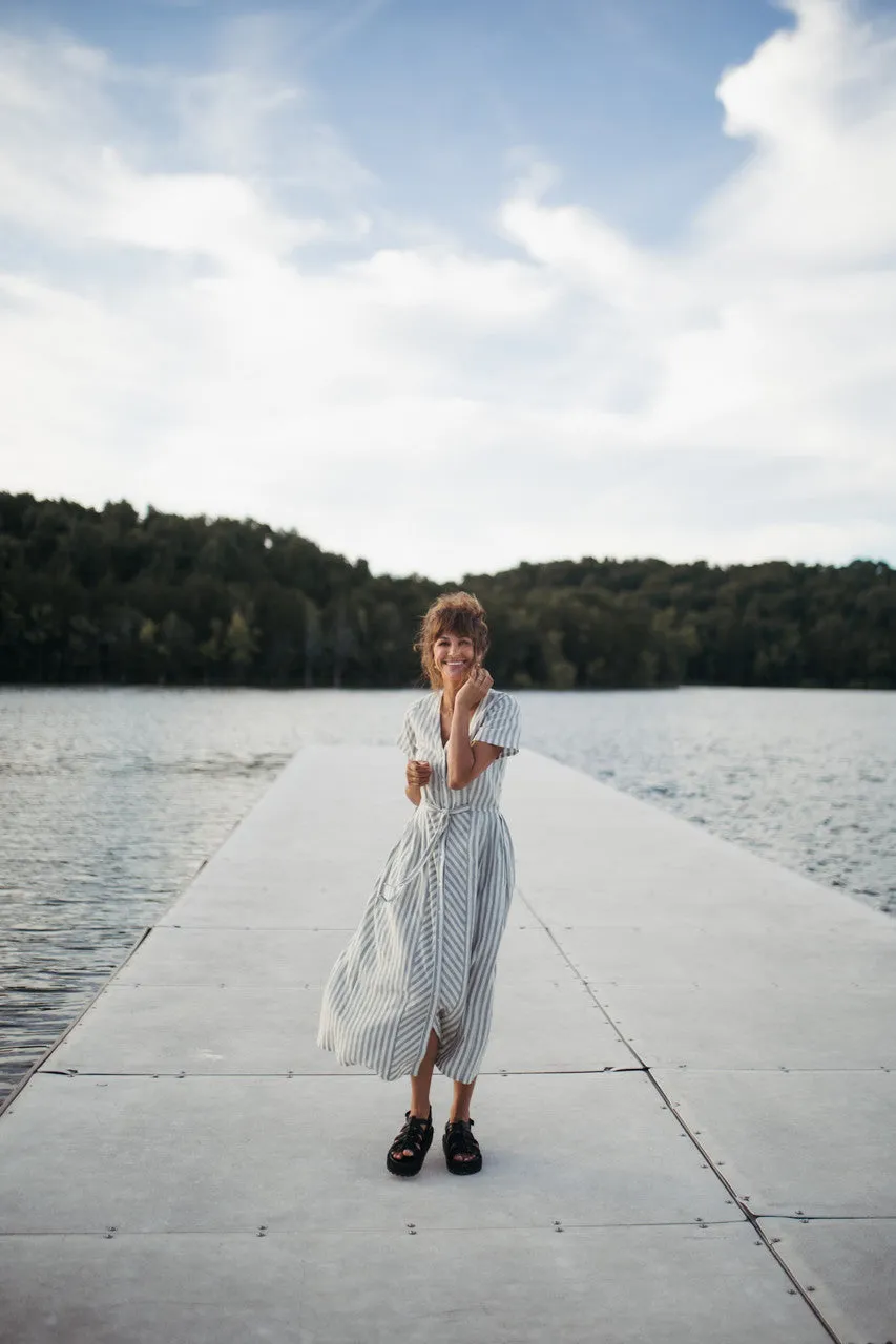 June Dress in Green and White Stripe Linen - S