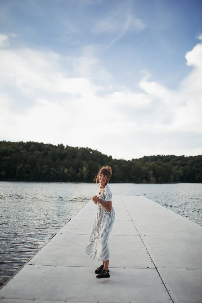 June Dress in Green and White Stripe Linen - S