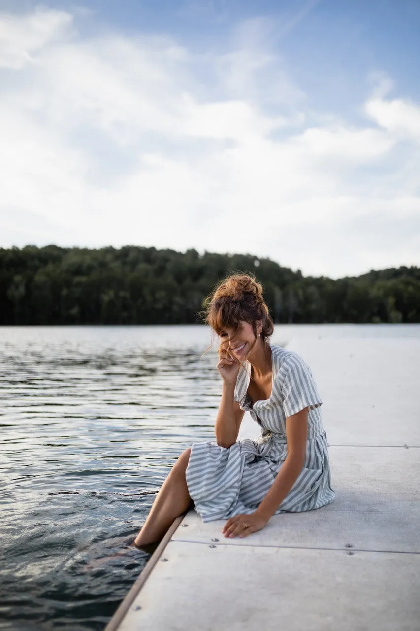 June Dress in Green and White Stripe Linen - S