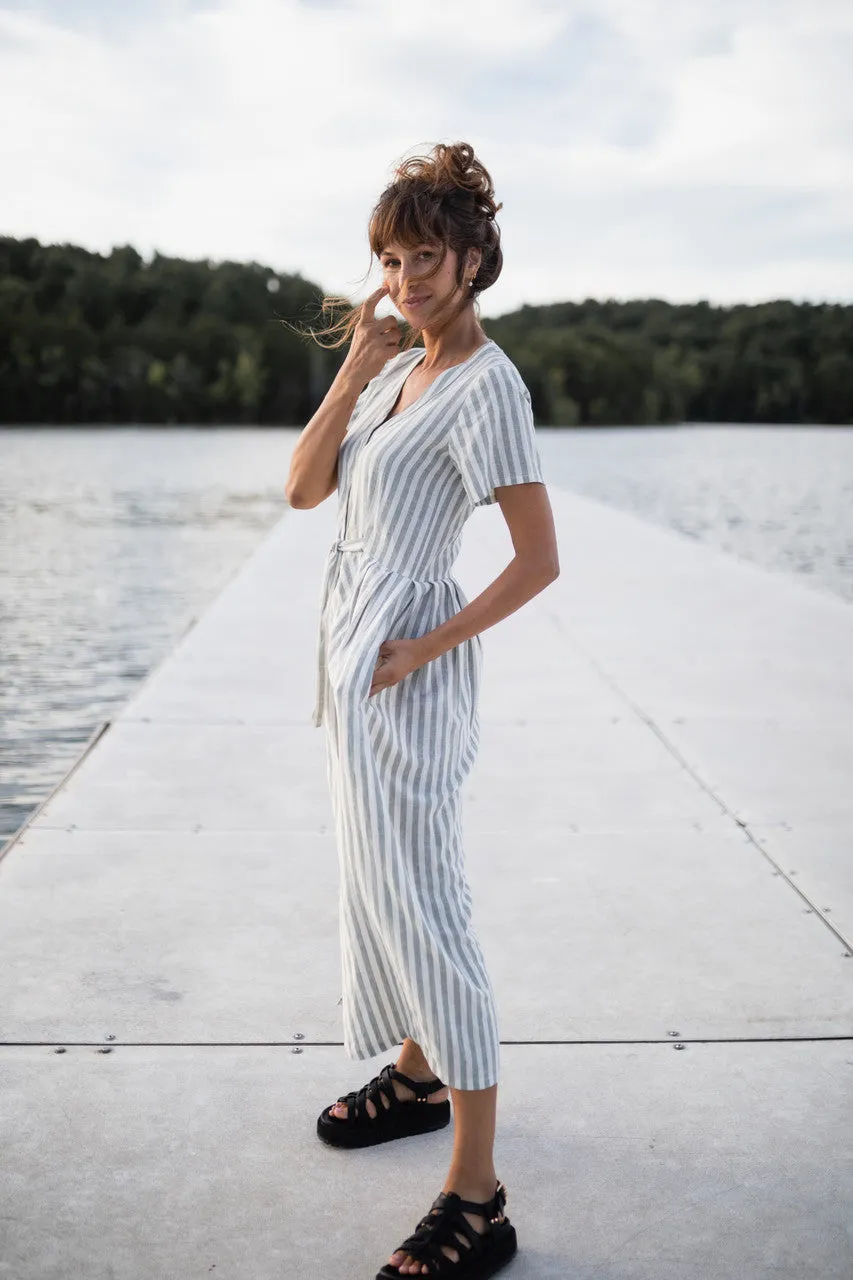 June Dress in Green and White Stripe Linen - S