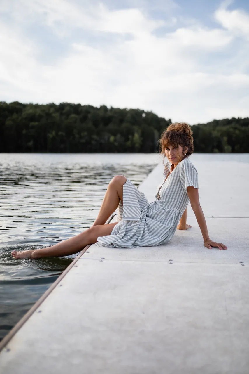 June Dress in Green and White Stripe Linen - S