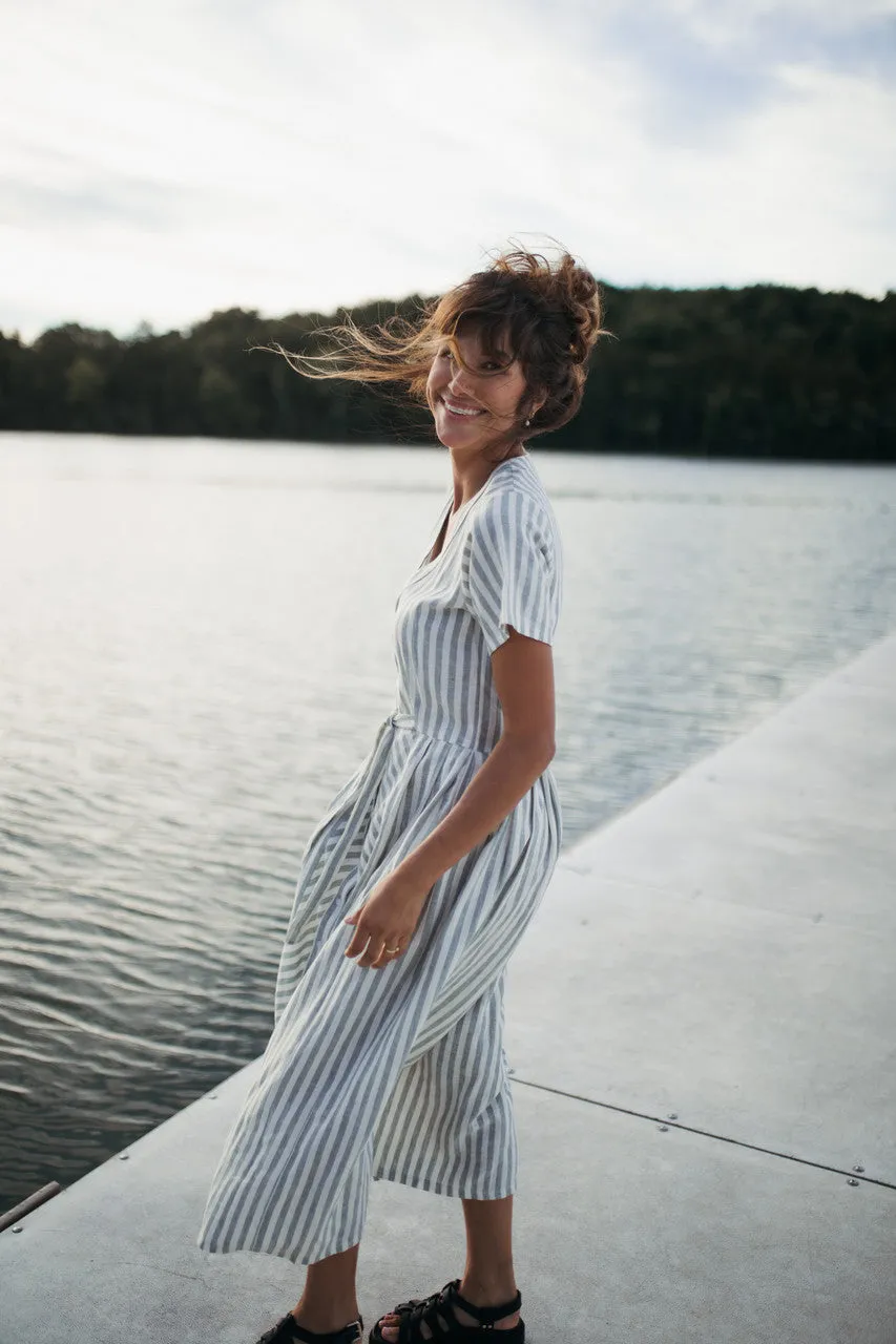 June Dress in Green and White Stripe Linen - S